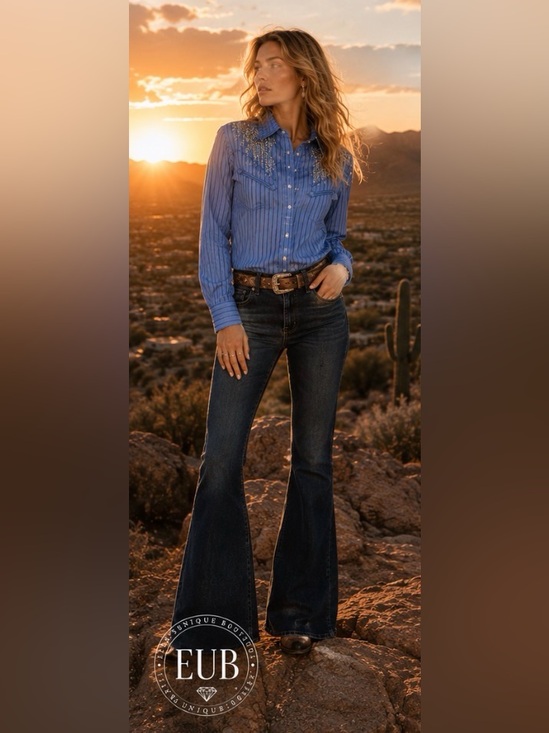 Understated Leather X Free People Tops - Free People X Understated Leather Western Embellished Button Down Shirt Blue